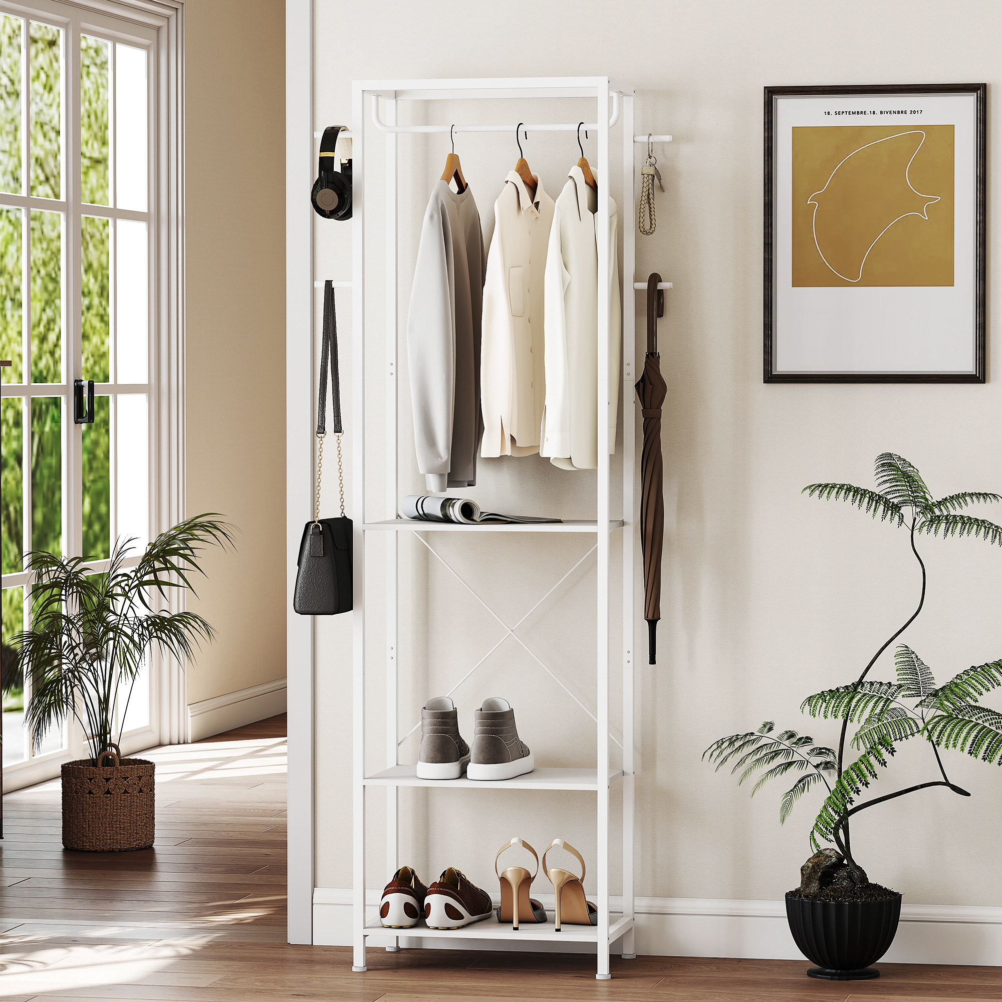 Vestiaire d'entrée portant - penderie, 4 patères, 3 étagères - dim. 52 x 30 x 180 cm - blanc