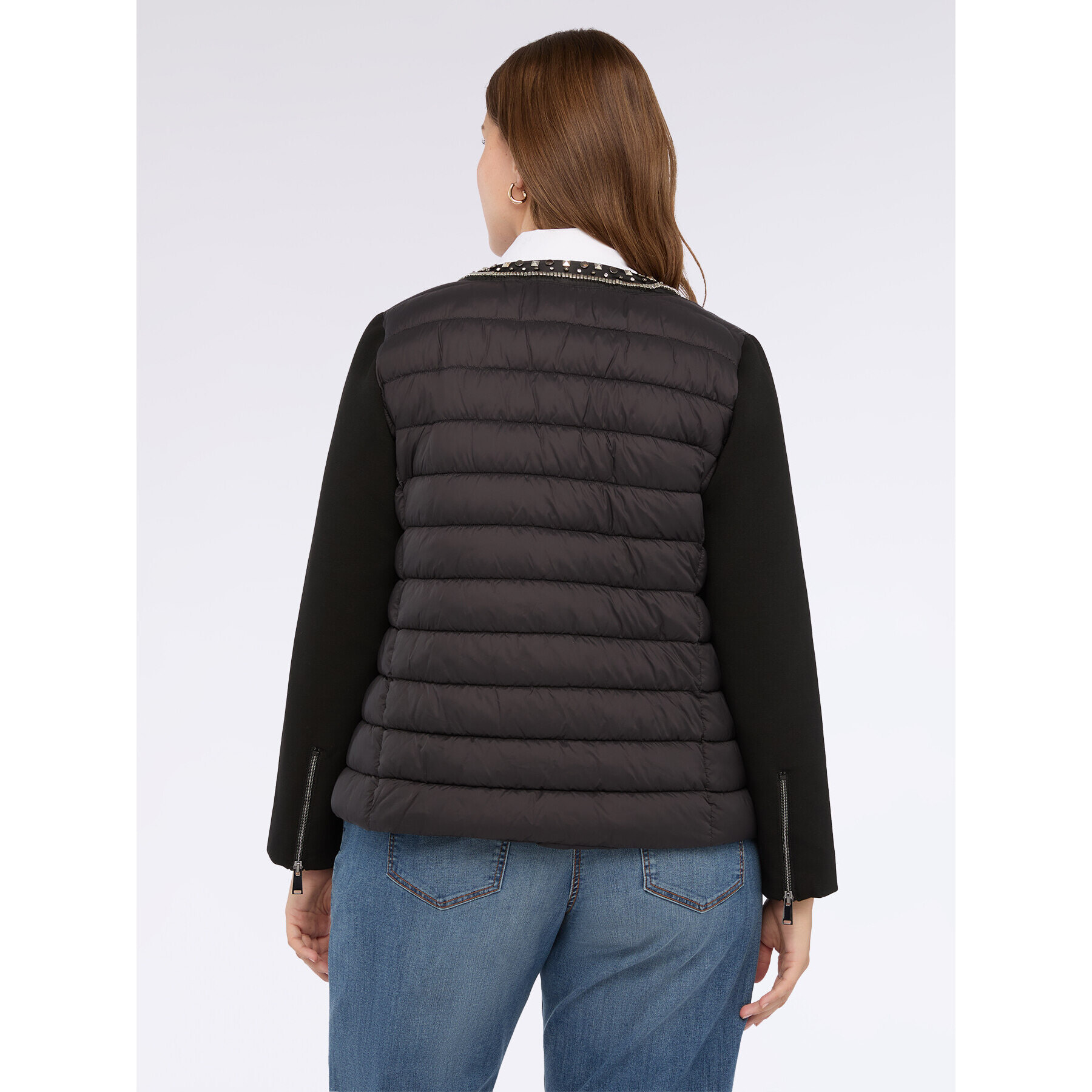 Fiorella Rubino - Plumífero bimaterial con detalle de joya y relleno de Sorona® Aura - Negro