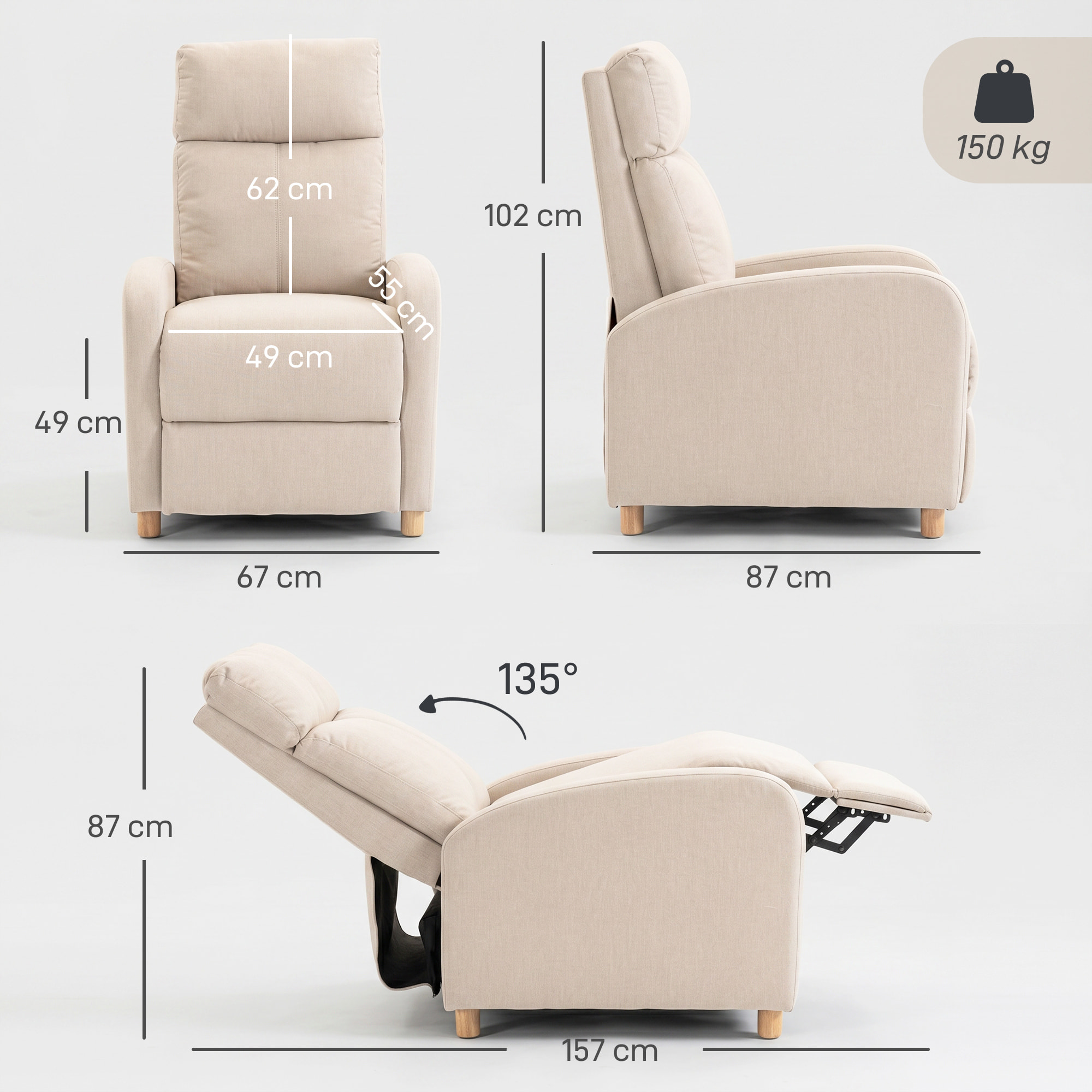 Sillón Relax Reclinable, Sillón Reclinable Manual hasta 135°, Tapizado en Lino, Reposapiés, Muelles Ensacados, Respaldo Alto Grueso y Patas de Madera para Salón, Oficina, Beige