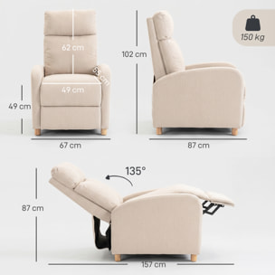 Sillón Relax Reclinable, Sillón Reclinable Manual hasta 135°, Tapizado en Lino, Reposapiés, Muelles Ensacados, Respaldo Alto Grueso y Patas de Madera para Salón, Oficina, Beige