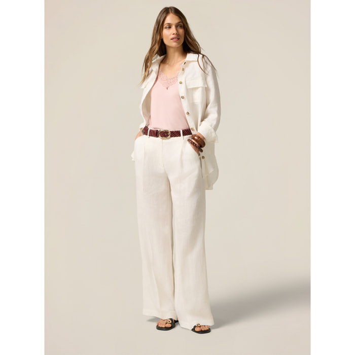 Oltre - Pantalones palazzo 100% lino - Blanco