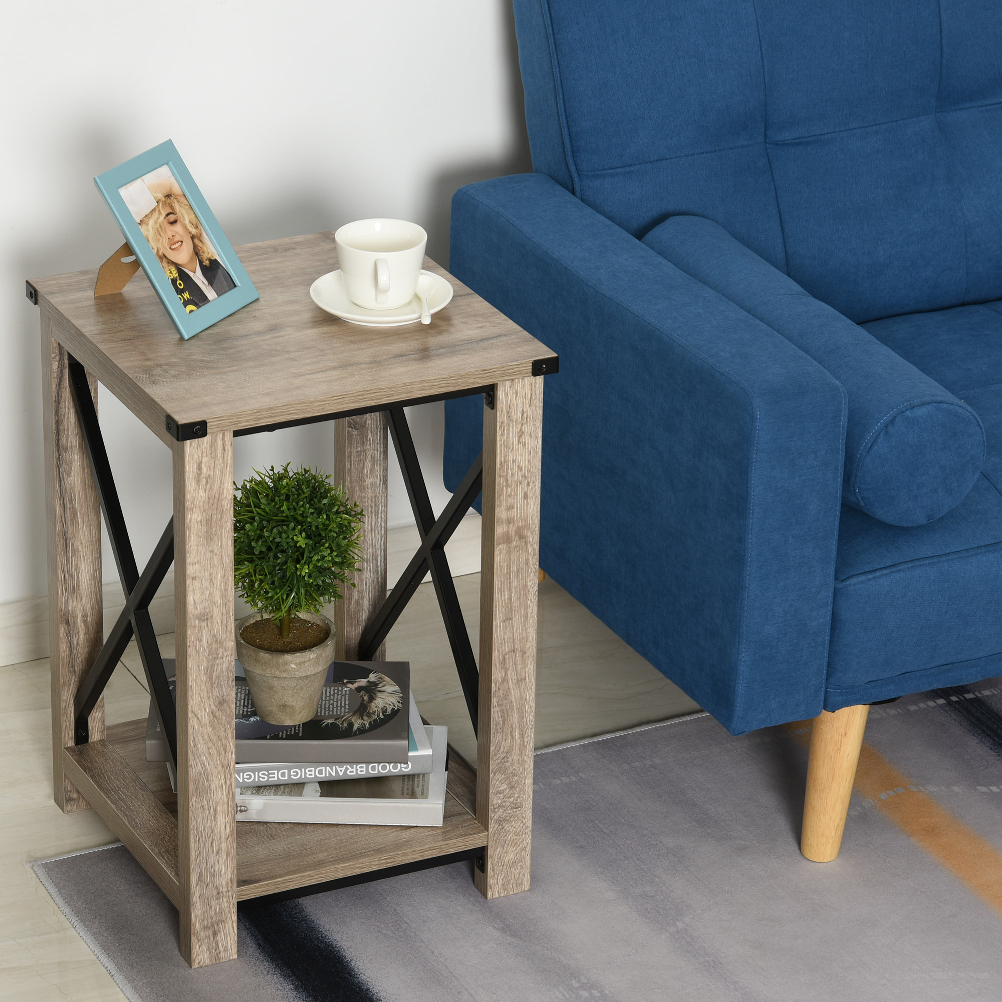 Mesa Auxiliar Retro Industrial con Estante Grano de Roble