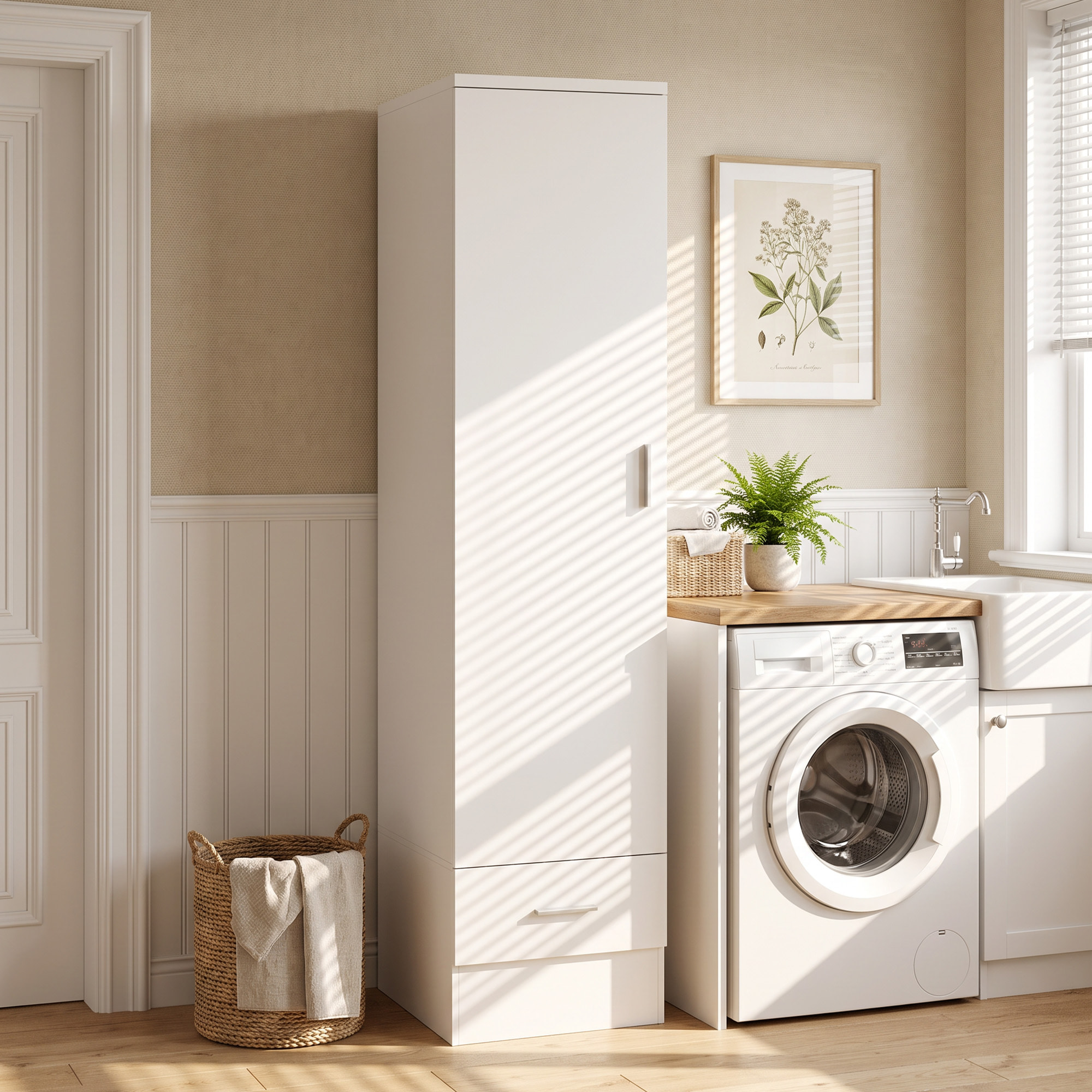 HOMCOM Armario Dormitorio Moderno, Armario Ropero con Barra para Colgar, Cajón, Estante Superior, 40x52x170 cm, Blanco