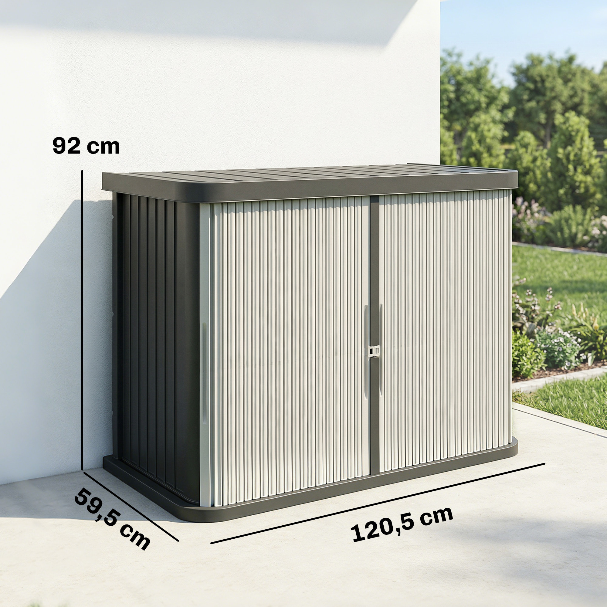 Coffre de jardin 480L 2 portes coulissantes étagère gris crème