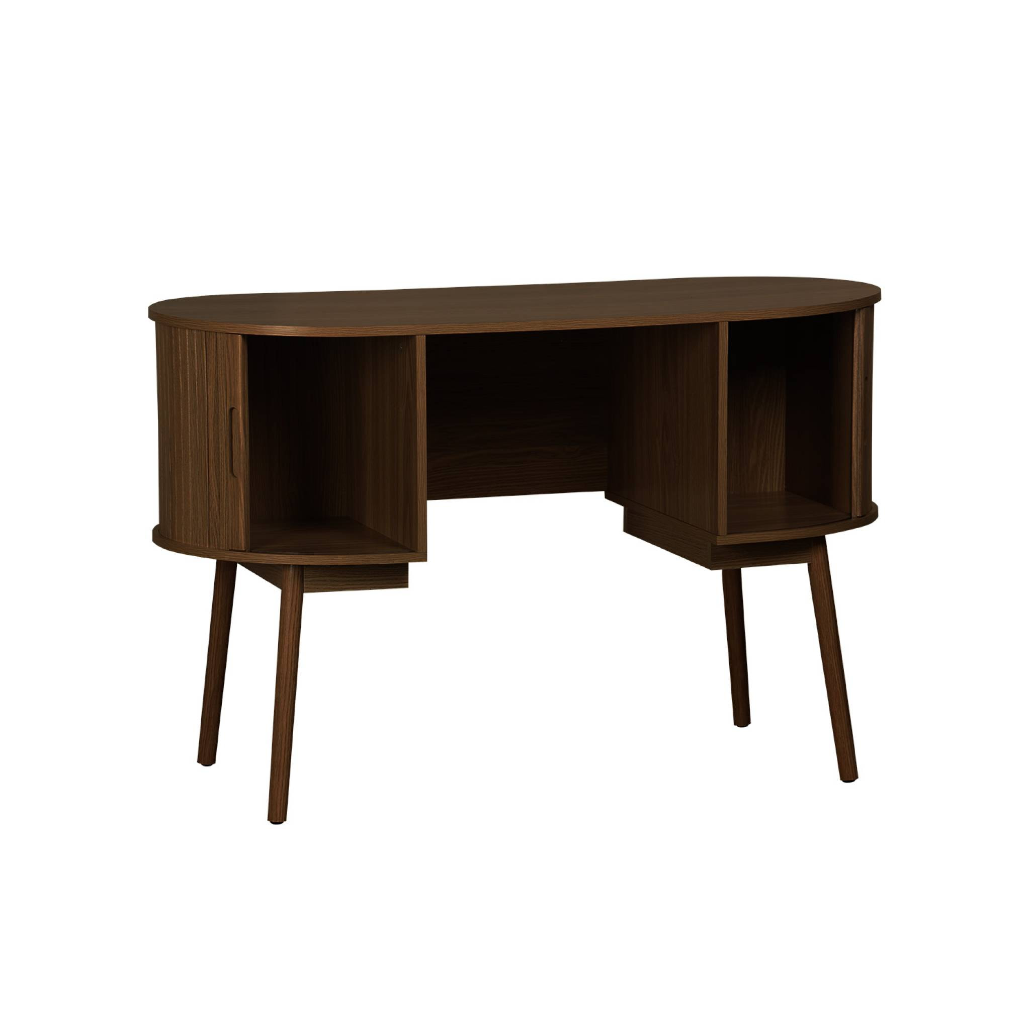 Bureau ovale décor bois rainuré avec deux espaces de rangement. L 120 x P 55 x H 77 cm