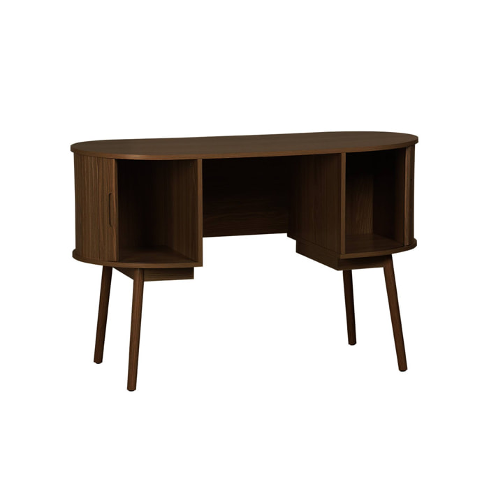 Bureau ovale décor bois rainuré avec deux espaces de rangement. L 120 x P 55 x H 77 cm
