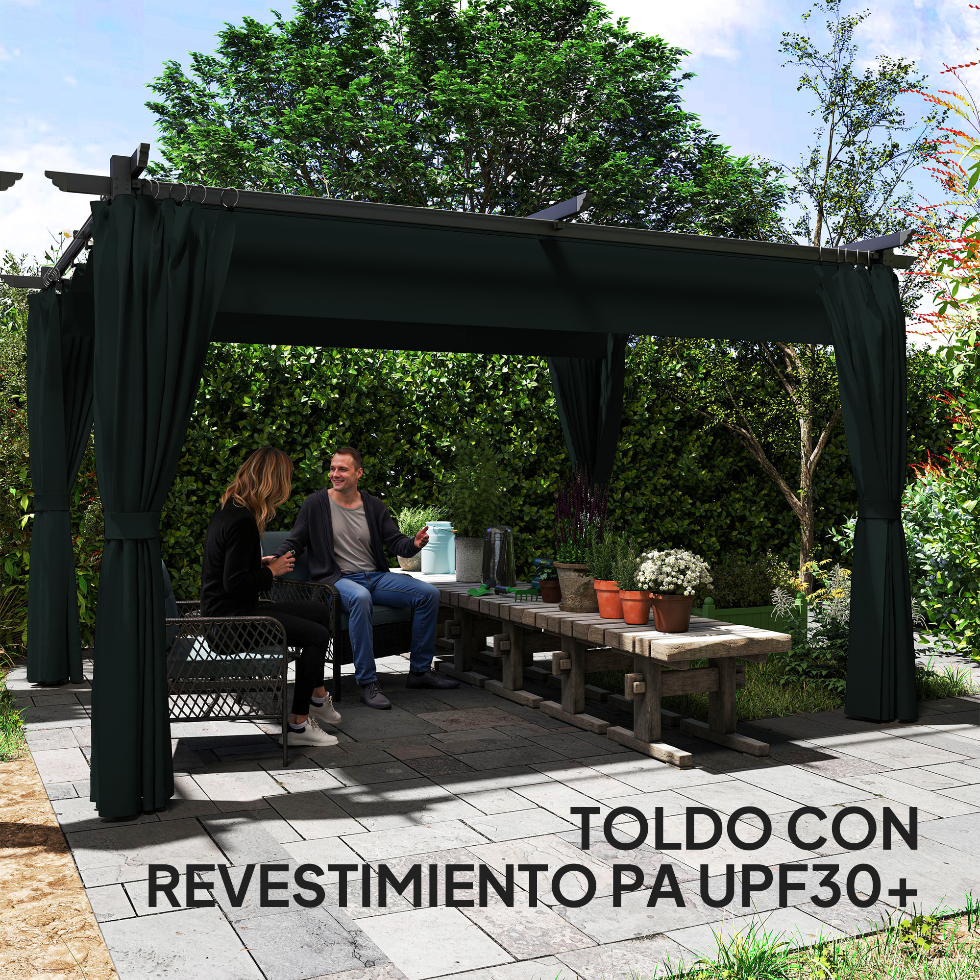 Pérgola con Techo Retráctil 4x3 m Pérgola de Aluminio con Paredes Laterales Cenador con Tela de Poliéster Anti-UV Resistente al Agua Pabellón para Jardín Patio Terraza Gris Oscuro