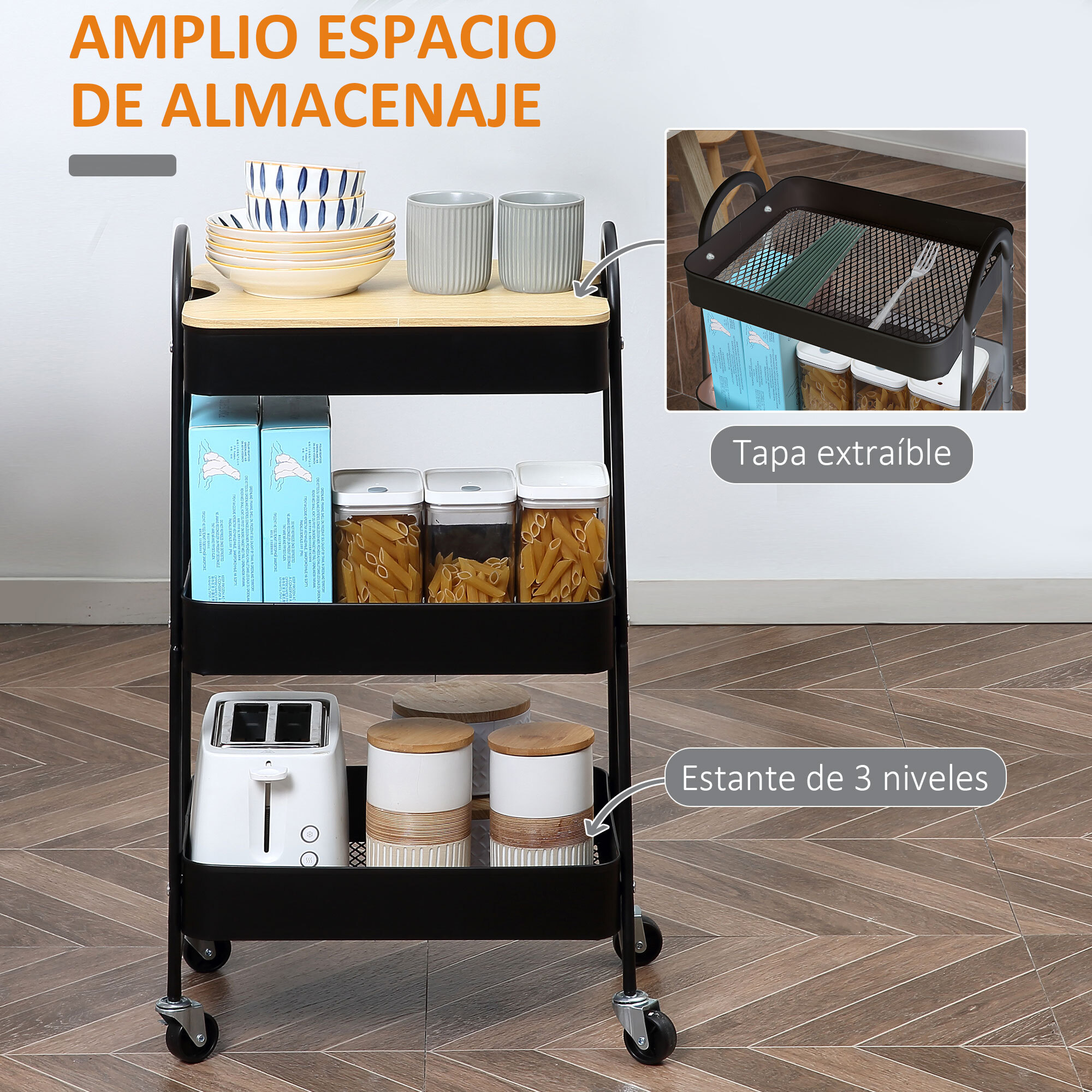 Carrito Auxiliar con Ruedas de 3 Niveles Carrito de Cocina con 3 Cestas de Acero y 1 Placa de Cubierta para Comedor Sala Baño 45x31x79,4 cm Negro