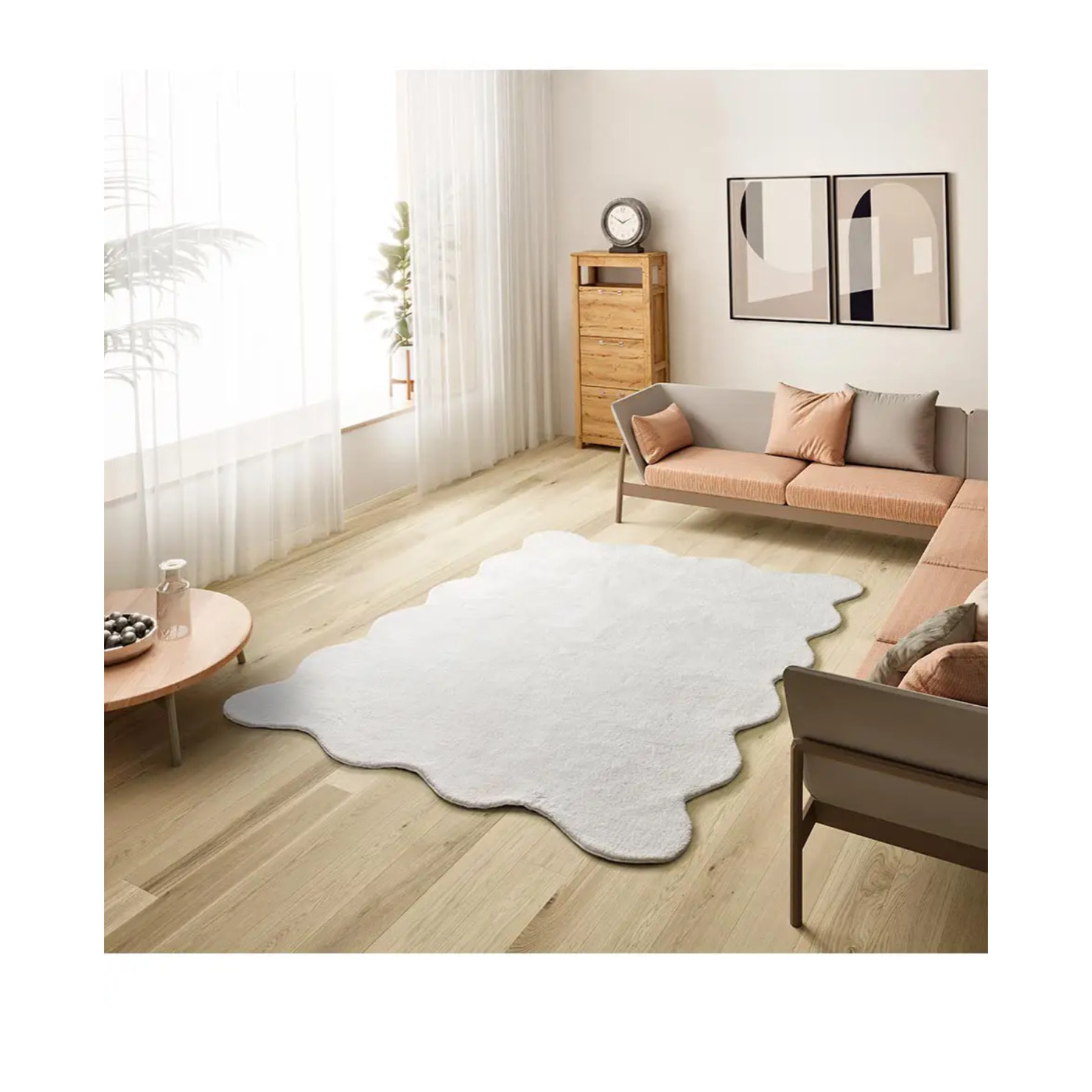 MELLOW Alfombra lavable lisa con borde ondulado blanco, varias medidas disponibles.