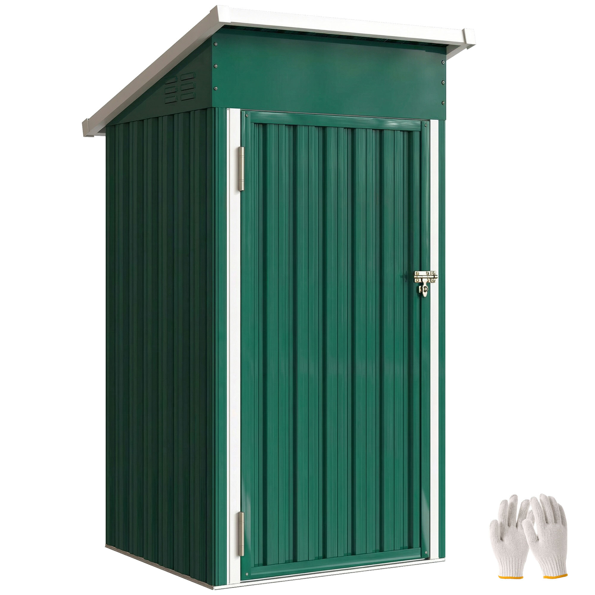 Caseta de Jardín Exterior 0,74 m², 107,5x91x185 cm, Cobertizo de Jardín Exterior Metálico con Techo Inclinado, Puerta con Cerradura y Ventilaciones para Almacenamiento de Herramientas, Verde