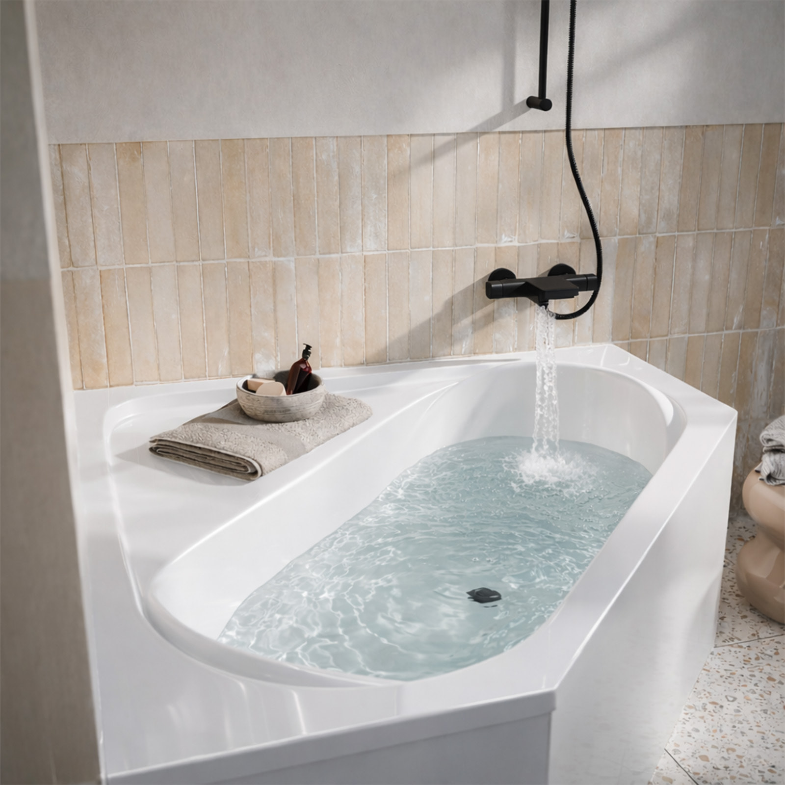 Baignoire d'angle 140x140x54 cm - 100% acrylique blanc brillant