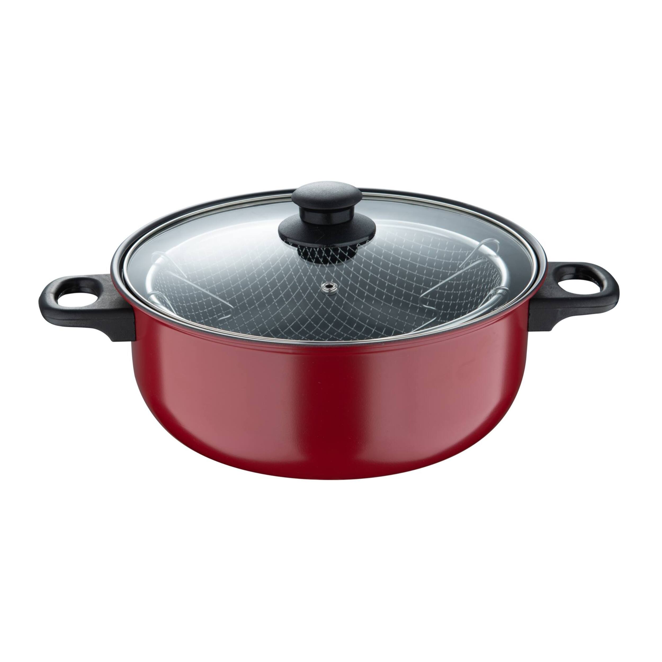Cacerola de ø26x10cm - 3,8l con tapa de vidrio + cesta freidora en acero inoxidable color surtido (rojo o gris) san ignacio