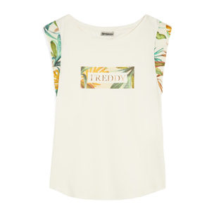 T-shirt donna con maniche in viscosa e grafica tropical