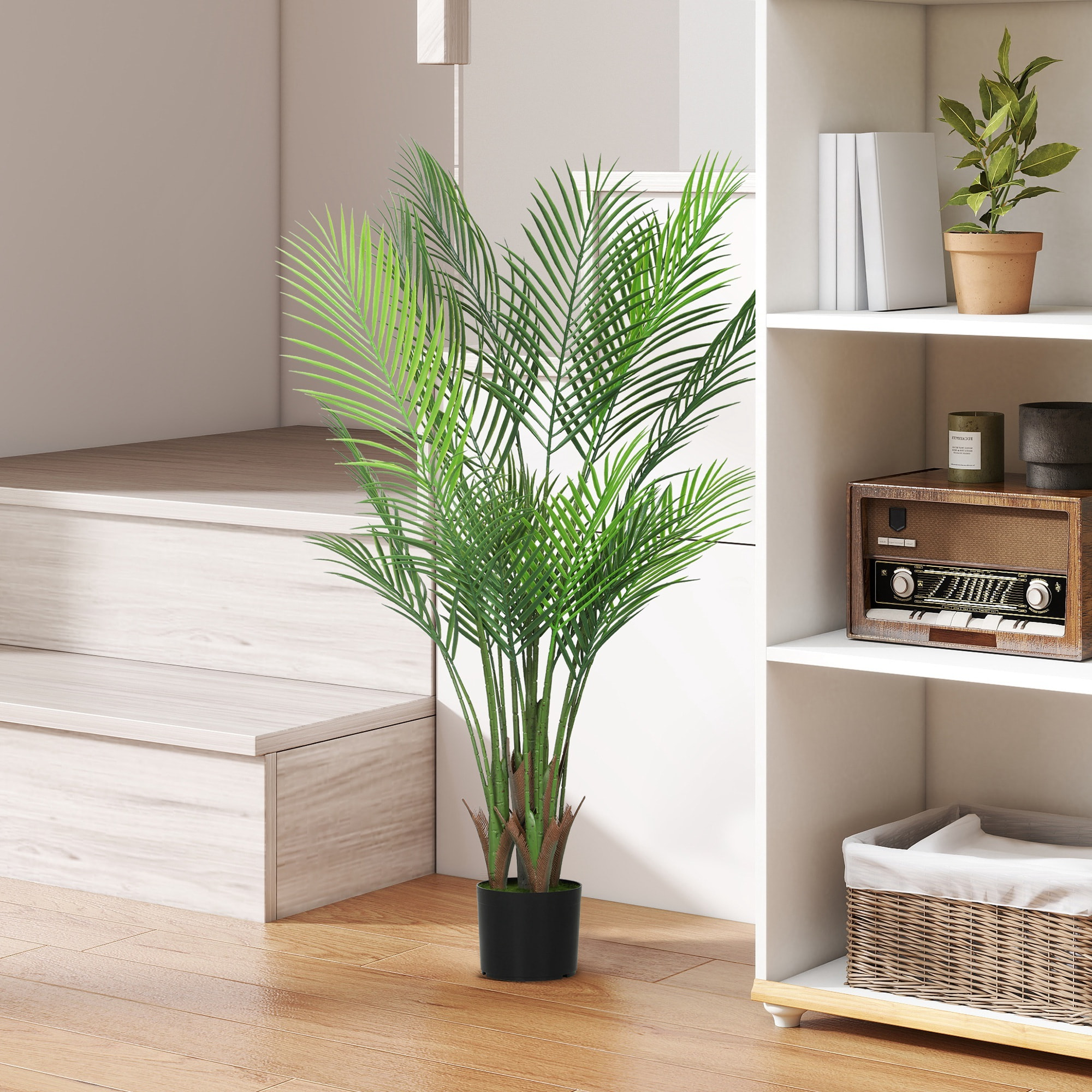 Plante artificielle intérieure palmier H.120cm 4 pieds 20 feuilles grand réalisme PE vert