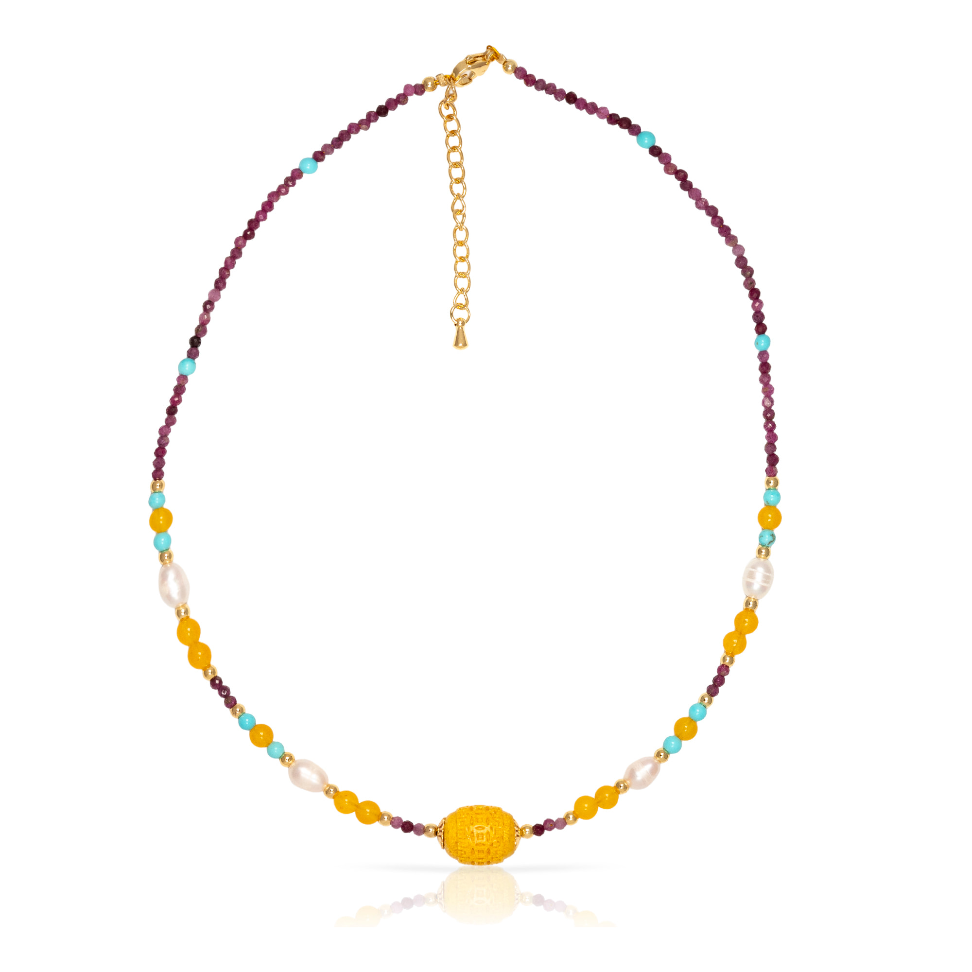 Collar de crisoberilo, turmalina, citrino, turquesa y perlas naturales con cierre de mosquetón.