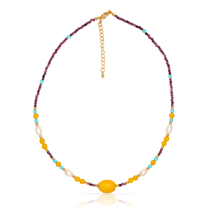 Collar de crisoberilo, turmalina, citrino, turquesa y perlas naturales con cierre de mosquetón.