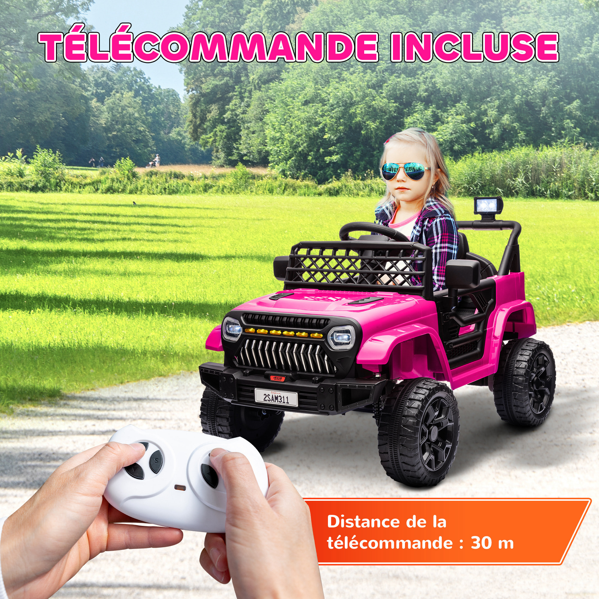 Voiture électrique enfant 4x4 12V 2 moteurs - 3-5Km/h - port USB effets sonores lumineux télécommande - rose