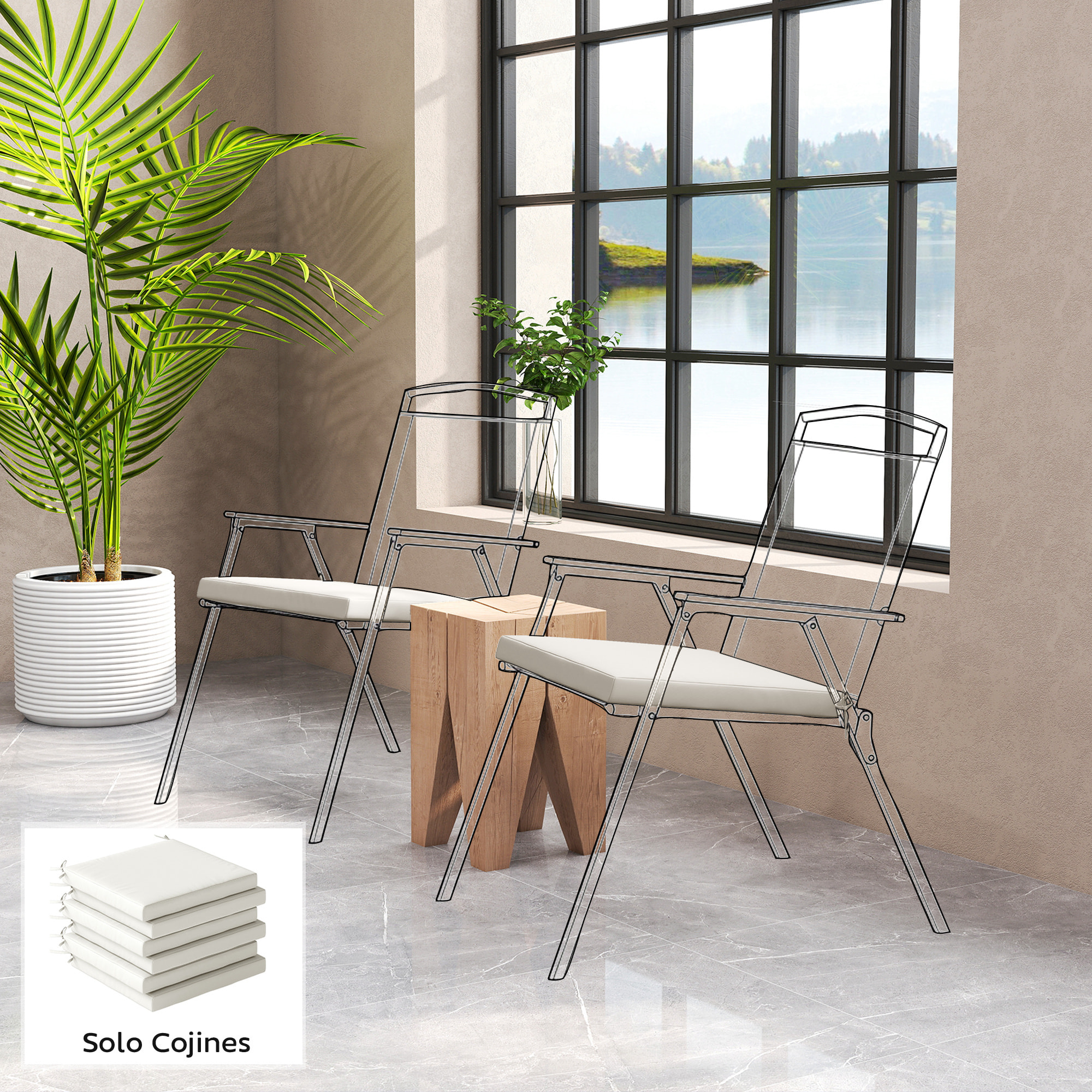 Juego de Cojines para Sillas de Comedor, 46x42x7 cm, 6 Piezas, Cojines para Sillas de Jardín con Funda Lavable y Lazos, Impermeable y Anti-UV, Crema
