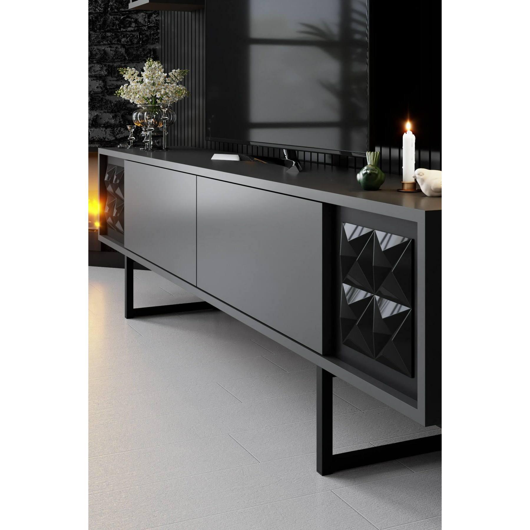 Mobile porta TV Dmiggian, Credenza da soggiorno, Armadio basso per TV, Base parete attrezzata, 180x30h48 cm, Antracite e Nero