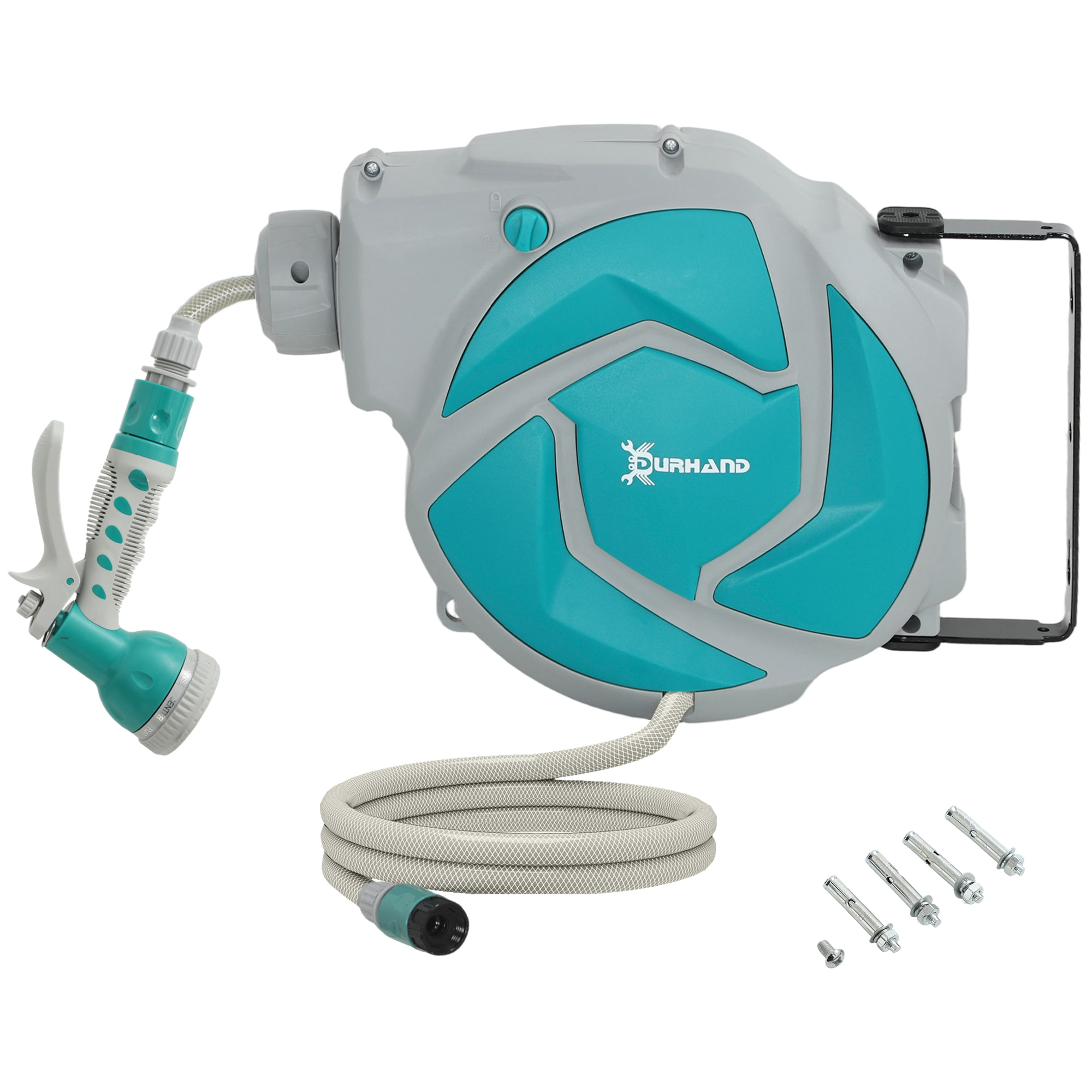 Enrollador de Manguera para Jardín 10+1 m con Boquilla de 7 Funciones, Carrete de Manguera de Jardín de Pared, Giratorio 180°, con Retorno Enrollado Automático, Gris Claro y Verde
