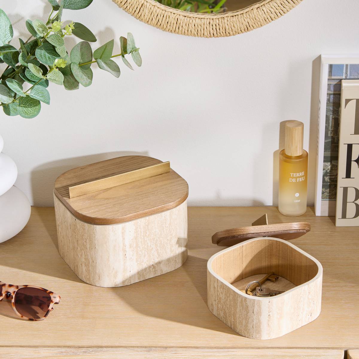 Lot de 2 boîtes déco Anaya L14/18cm beige