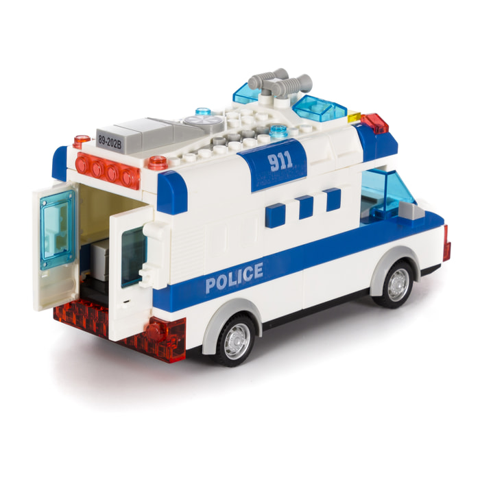 Furgone di polizia con luci ed effetti sonori. Da costruire, 68 pezzi. Funzionamento a inerzia di retromarcia.