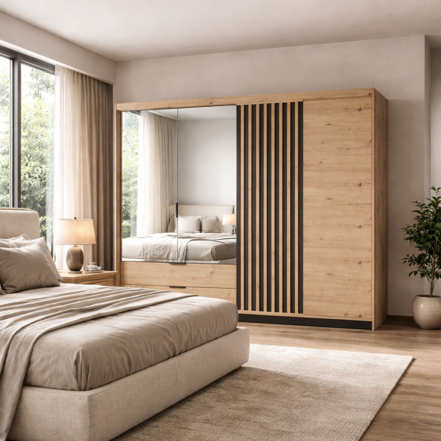 Armadio Guardaroba Moderno Con 2 Ante Battenti Specchio Anta Scorrevole 2 Cassetti Design Moderno 220 x 210 x 60 cm Rovere E Grigio Antracite