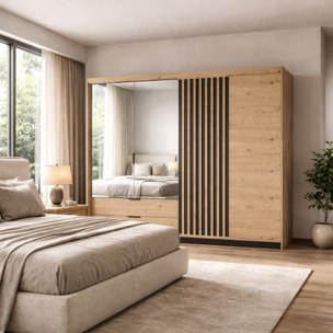 Armadio Guardaroba Moderno Con 2 Ante Battenti Specchio Anta Scorrevole 2 Cassetti Design Moderno 220 x 210 x 60 cm Rovere E Grigio Antracite