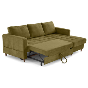 Anna - canapé d'angle droit 4 places convertible avec coffre en velours texturé - Vert Olive