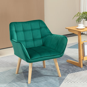 Butaca de Salón Moderna, Sillón Lectura Tapizado en Terciopelo con Asiento Ancho, Patas de Madera, Fácil Montaje, Sillón Relax para Sala de Estar, Dormitorio y Balcón, Verde