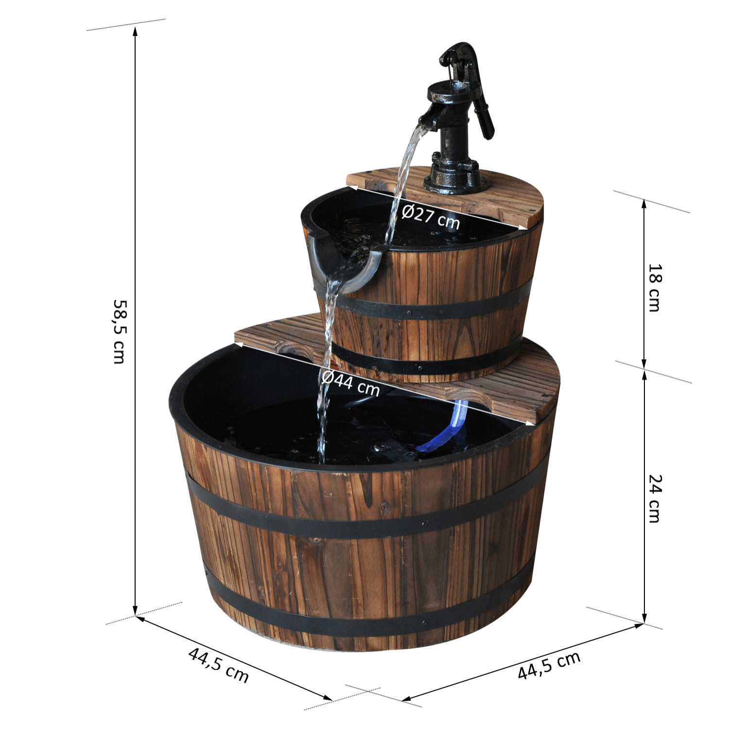 Fuente de Agua de Madera Fuente de Jardín en Cascada de 2 Niveles con Bomba Eléctrica y Salida de Agua Ajustable para Decoración Patio Terraza 44,5x44,5x58,5 cm Natural