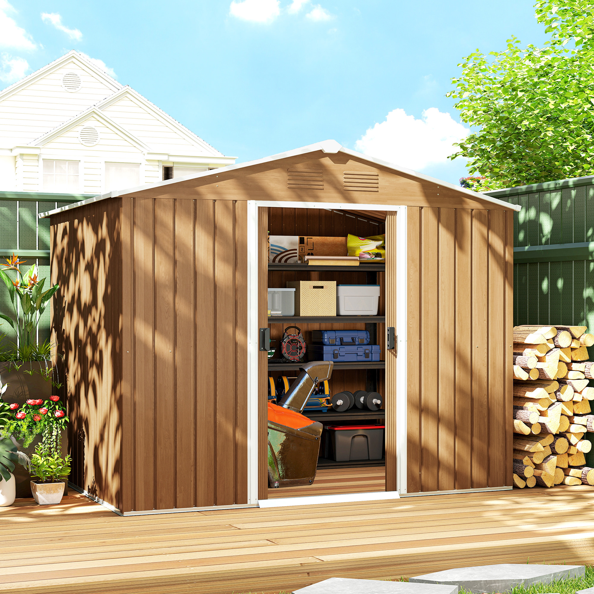 Abri de jardin tôle acier galvanisé effet bois 3,6 m² 2 portes coulissantes
