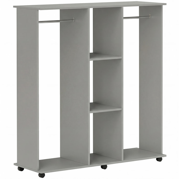 Armoire penderie meuble de rangement mobile 6 roulettes 120L x 40l x 128H cm panneaux de particules aspect bois gris