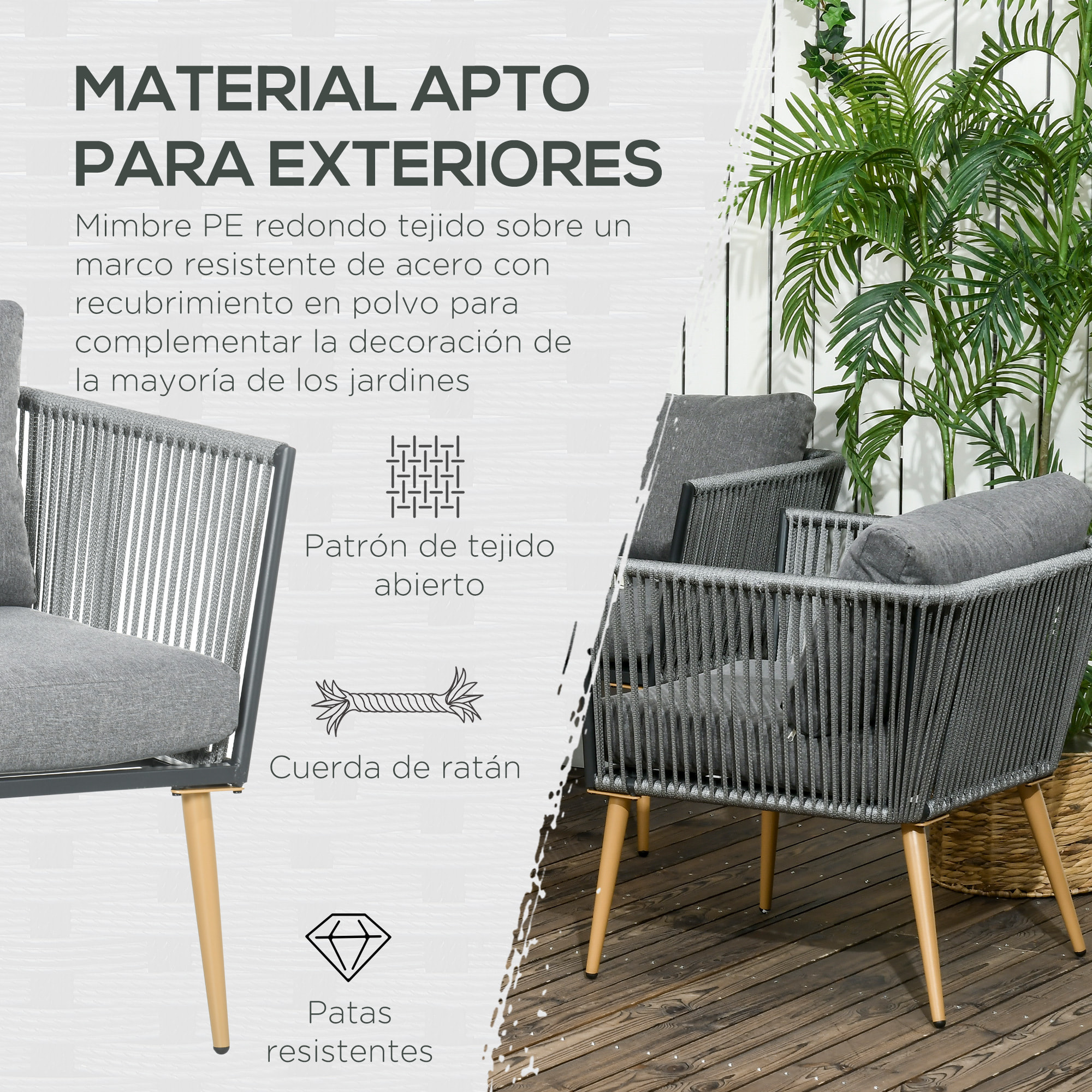 Juego de Muebles de Jardín de Ratán 4 Piezas Juego de Conversación Incluye Sofá de 2 Plazas 2 Sillones y Mesa de Centro de Tablero de Madera y Plástico Cojines Anti-UV para Terraza Patio Gris