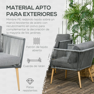 Juego de Muebles de Jardín de Ratán 4 Piezas Juego de Conversación Incluye Sofá de 2 Plazas 2 Sillones y Mesa de Centro de Tablero de Madera y Plástico Cojines Anti-UV para Terraza Patio Gris