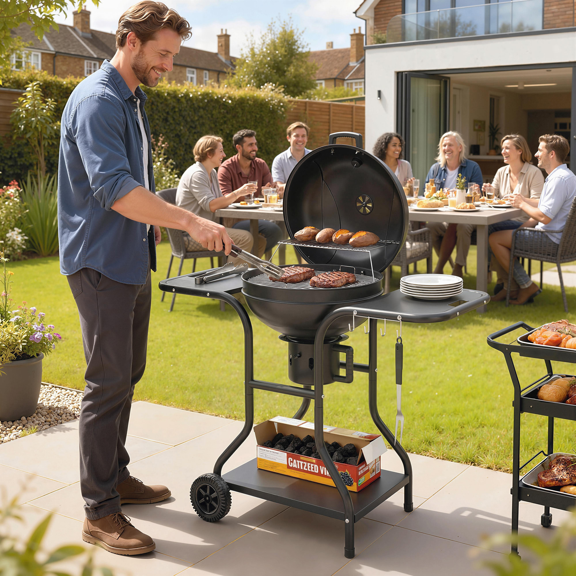 Barbecue à charbon rond mobile avec couvercle thermomètre 2 grilles 3 étagères