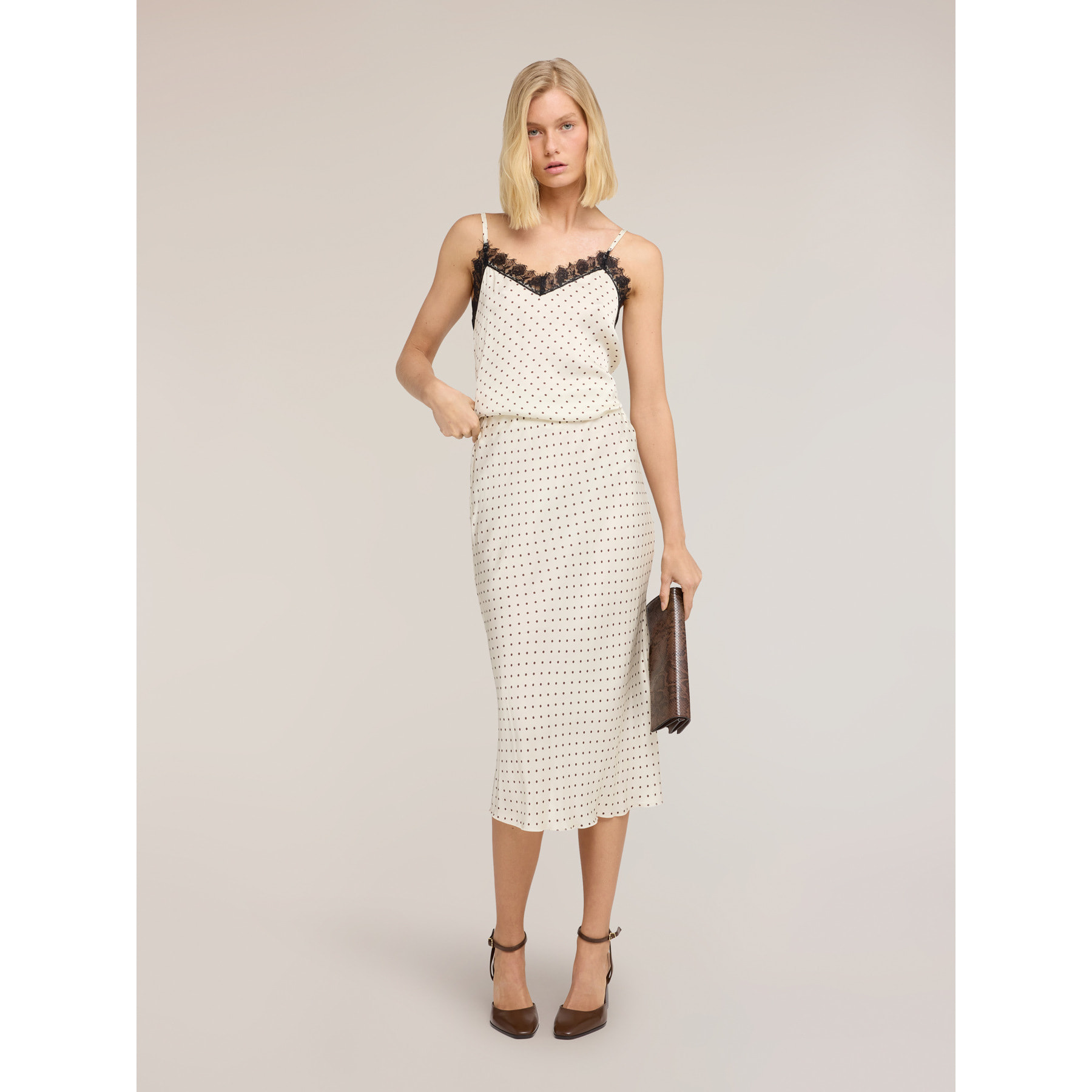 Motivi - Falda midi de raso con lunares - Blanco