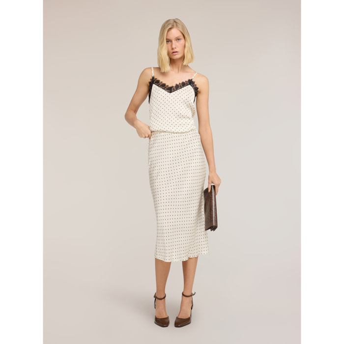 Motivi - Falda midi de raso con lunares - Blanco