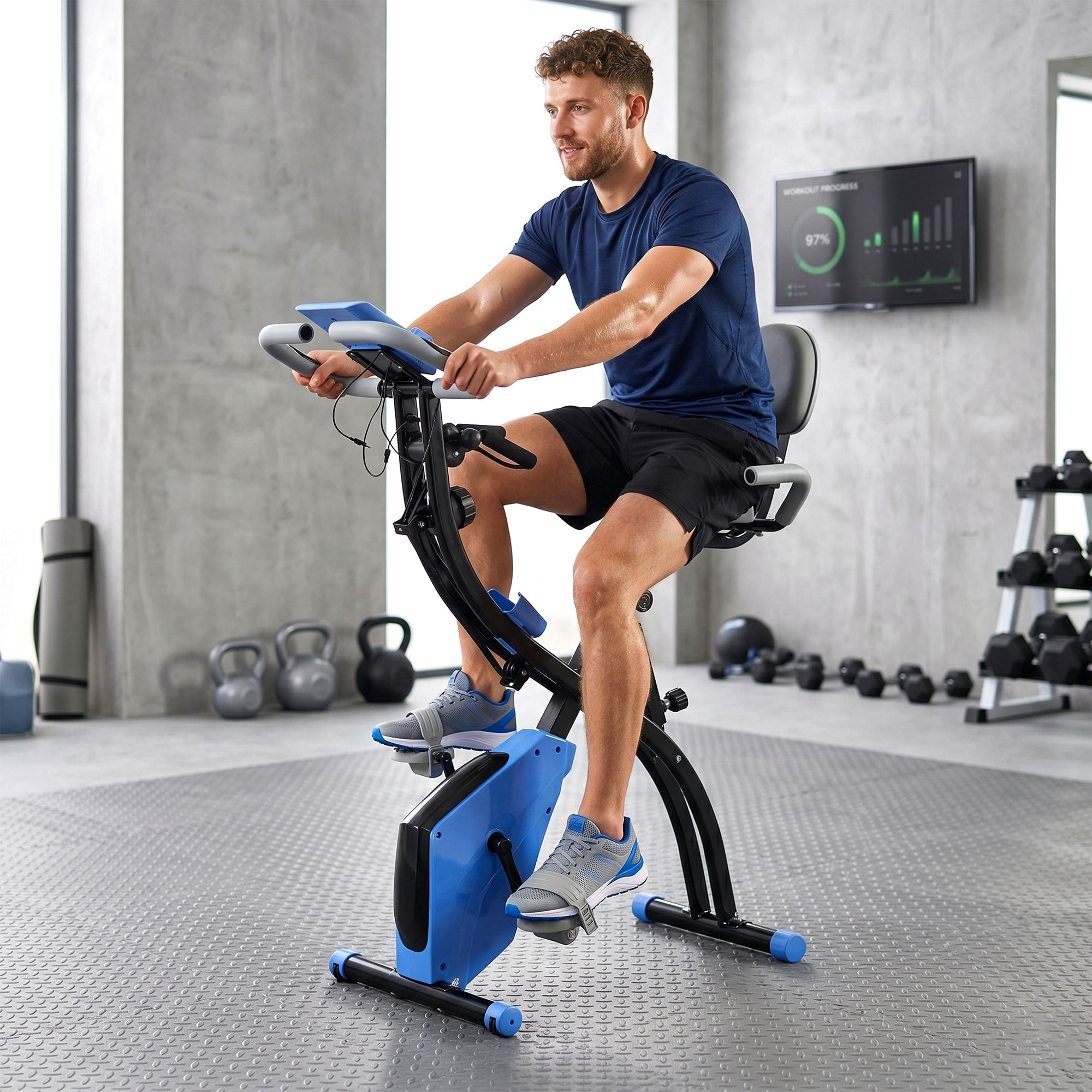 Bicicleta Estática Plegable 3 en 1 con Respaldo y 8 Niveles Resistencia Magnética, Bicicleta Estática para Casa Ajustable con Monitor LCD Volante Banda Sensor de Pulso Soporte de Teléfono Azul