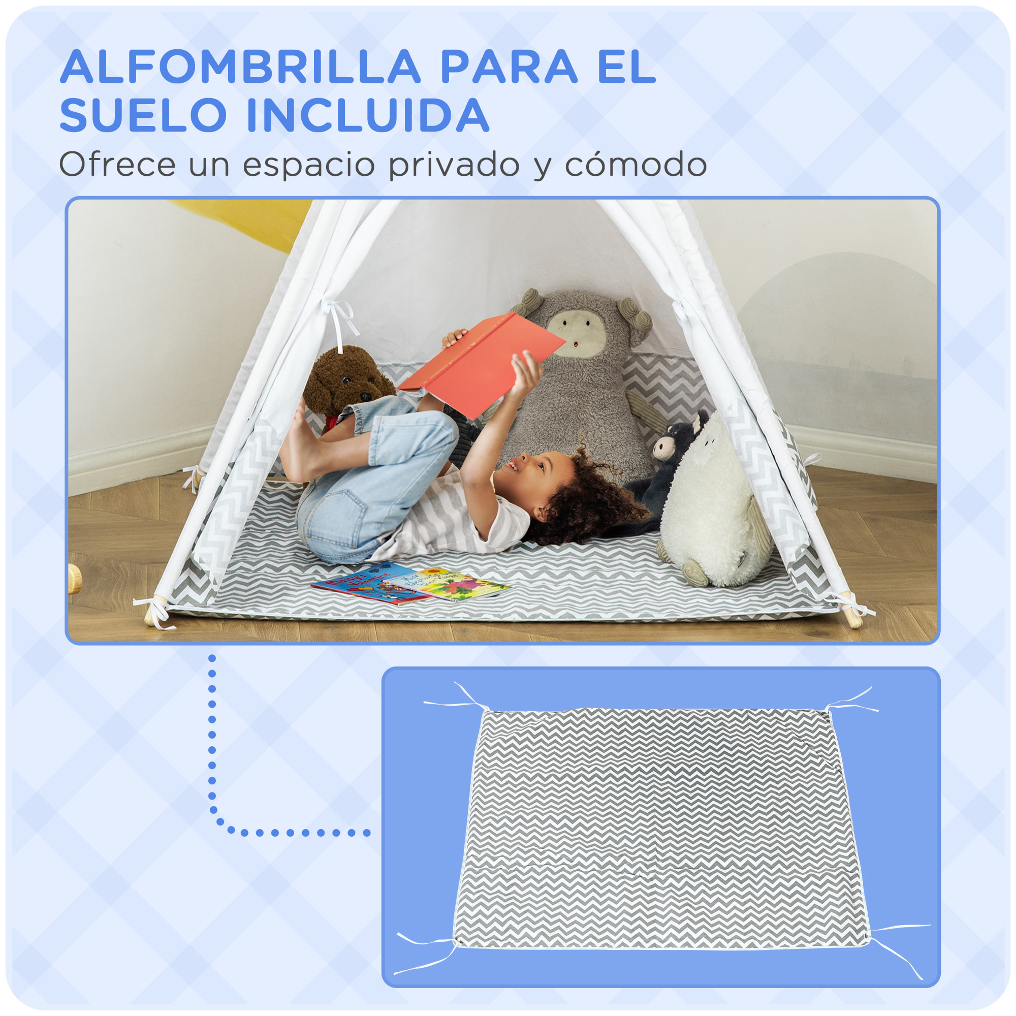 Tienda de Campaña para Niños de +3 Años Tipi Infantil de Madera Portátil con Ventana Colchoneta y Bolsa de Transporte para Interiores y Exteriores 120x120x155 cm Gris