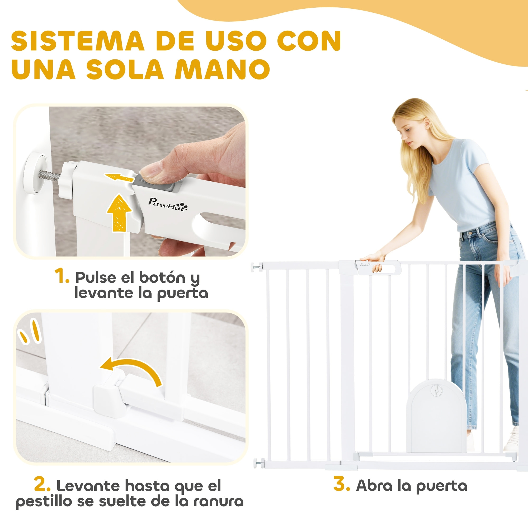 Barrera de Seguridad para Perros Extensible 75-131 cm, para Puertas y Escaleras, Barrera para Perros con Puerta Pequeña, 3 Extensiones, Montaje a Presión y Doble Bloqueo, Blanco