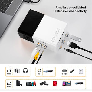 Mini proiettore LCD 1080 HD con telecomando 10 ANSI Lumens 10w. Duplicazione dello schermo via cavo.