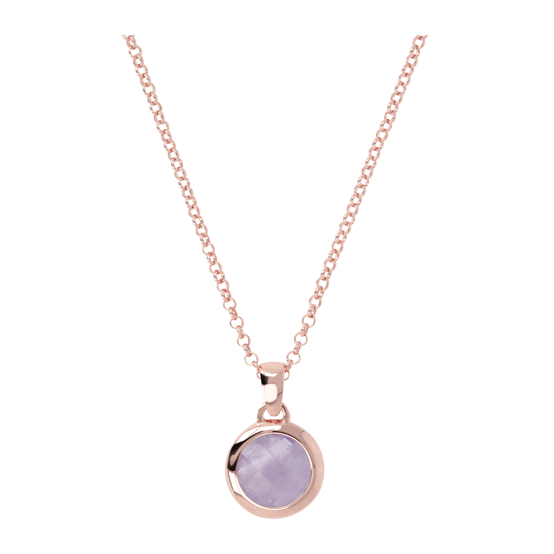 Collana Short Catena Rolo con Pendente Tondo in Pietra Naturale Sfaccettata Ametista Viola