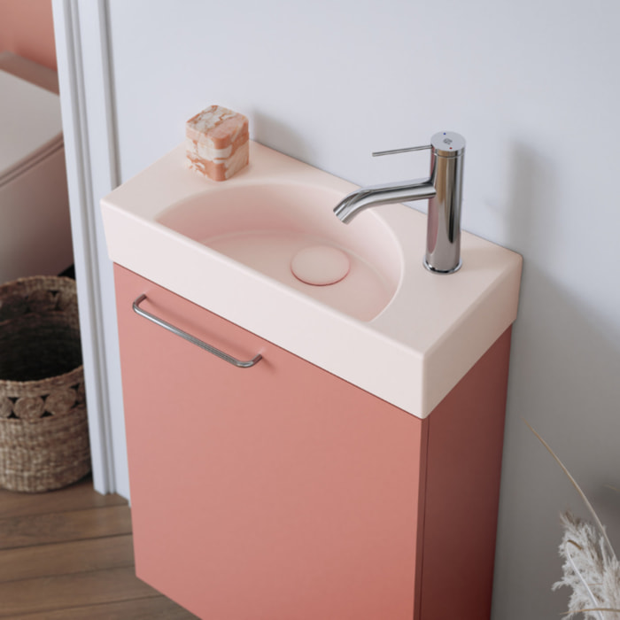 Lave-mains compact 50 cm Odéon Rive Gauche 1 trou de robinetterie à droite Rose pâle satiné