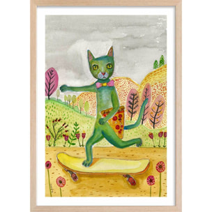 Affiche enfant pizza cat  Affiche + cadre en bois - Chêne