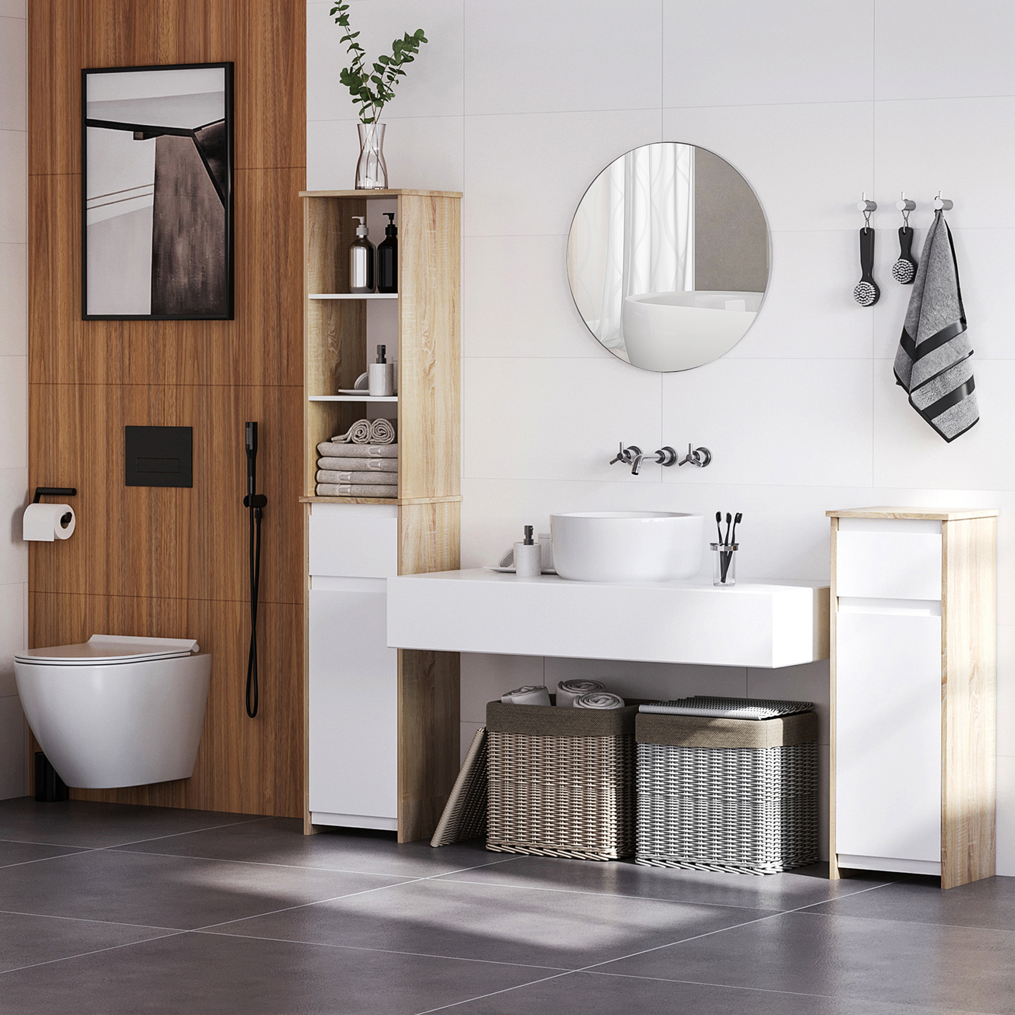 Armario Alto de Baño Mueble Columna de Baño con 1 Puerta Cajón y 3 Estantes Balda Ajustable para Cocina Salón 32,6x30x171,2 cm Madera Natural y Blanco