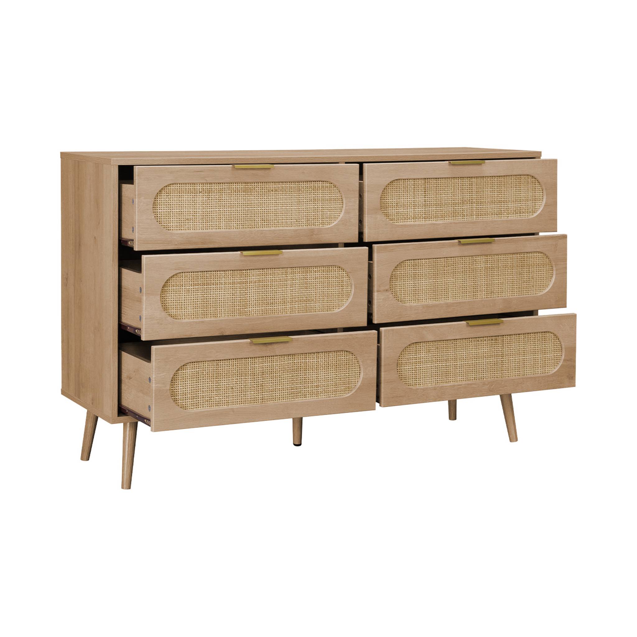 Commode. Eva. 6 tiroirs. décor bois. cannage arrondi L 120 x l 39 x H 79cm