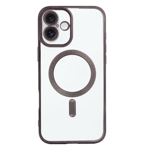 Carcasa transparente con cámara cubierta, bordes negros, antichoque y antihuellas. Magsafe para iPhone 16 Plus.