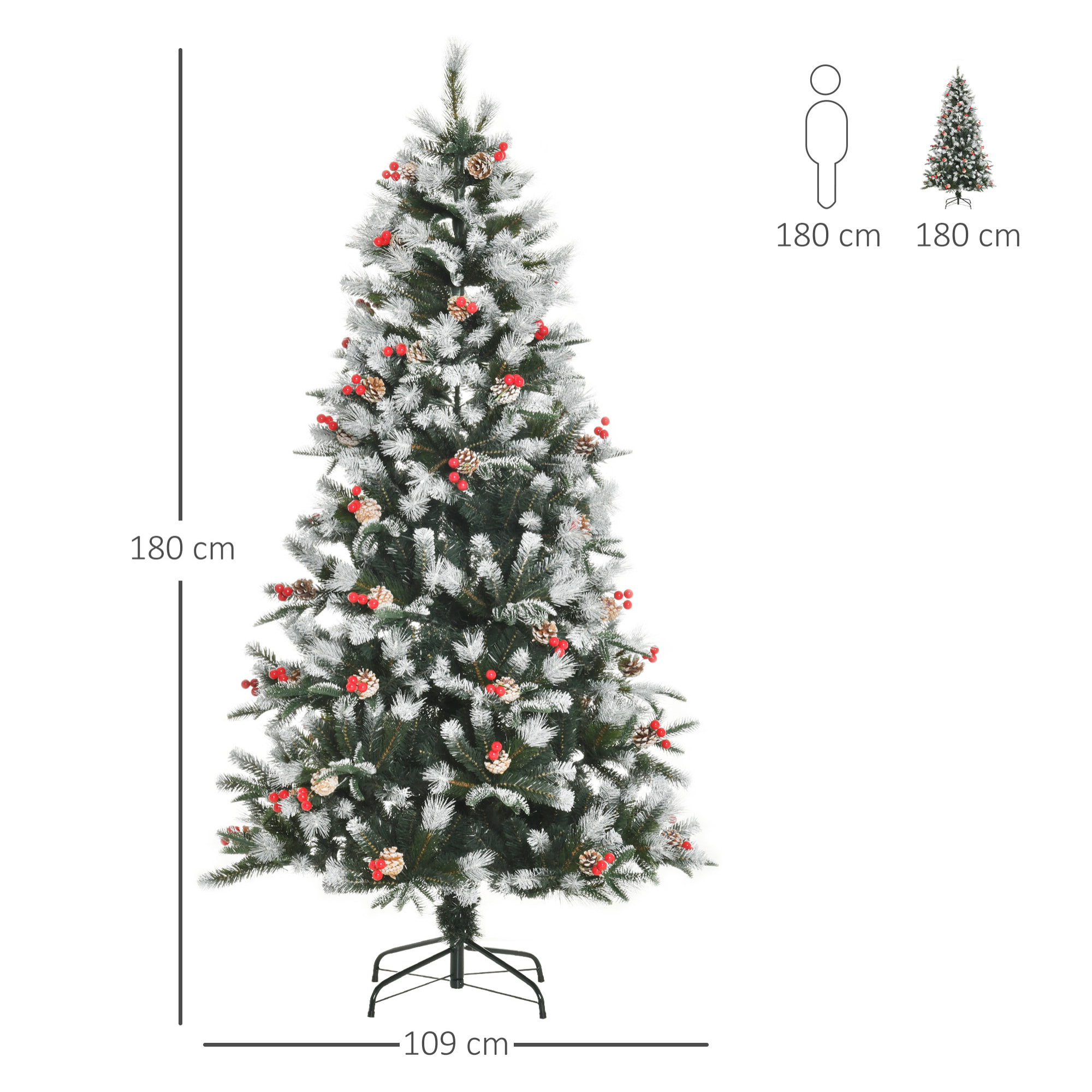 HOMCOM Albero di Natale Innevato con Bacche Rosse e Pigne Bianche, Base Rimovibile Pieghevole 180cm - Verde