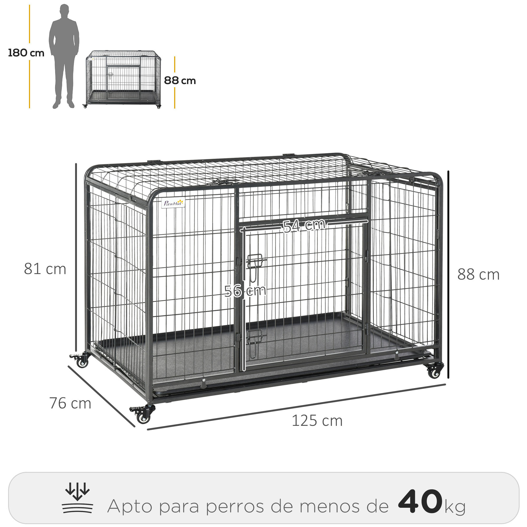 Jaula de Metal para Perros Plegable con Ruedas Bandeja Extraíble 125x76x81 cm